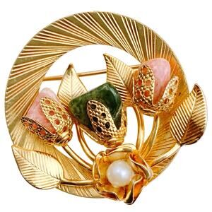 VTG Mid Century Gemstone Brooch Gold Tone Floral Faux Pearl Pink Green Stones